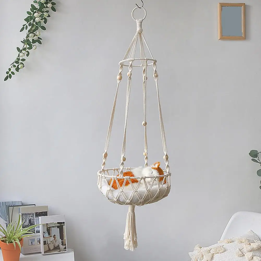 Cat Hammock with Tassel-style Braided Rope Hand-woven Macrame Cat Hammock Swing for Sleeping Playing Climbing Boho for Relaxing