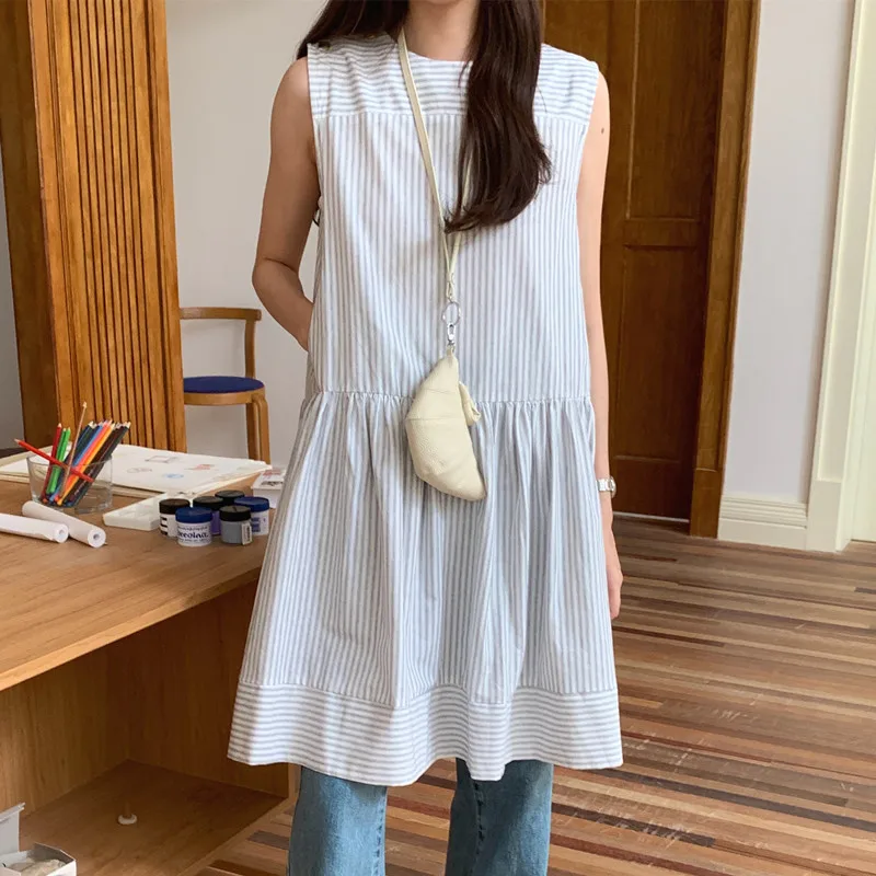 Retro Contrast Color Stripe round Neck Loose Short Dress Doll Vest Dress Casual Cake Skirt Style Women's Summer Fashion