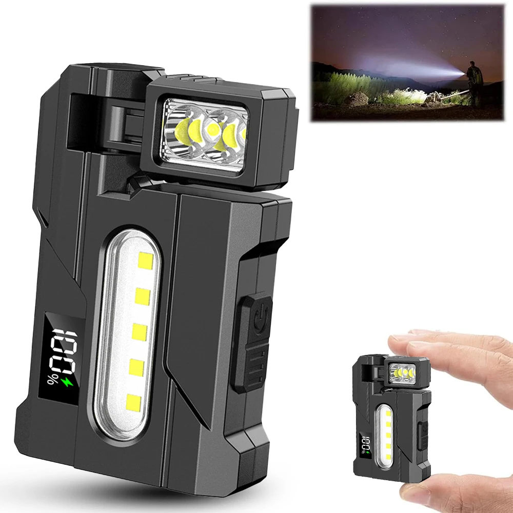 Tragbare Mini-LED-COB-Taschenlampe mit drehbarem Kopf, magnetische Taschenlampe, eingebauter Akku, wiederaufladbar über USB, für den Außenbereich, Camping, Notfall-Laterne