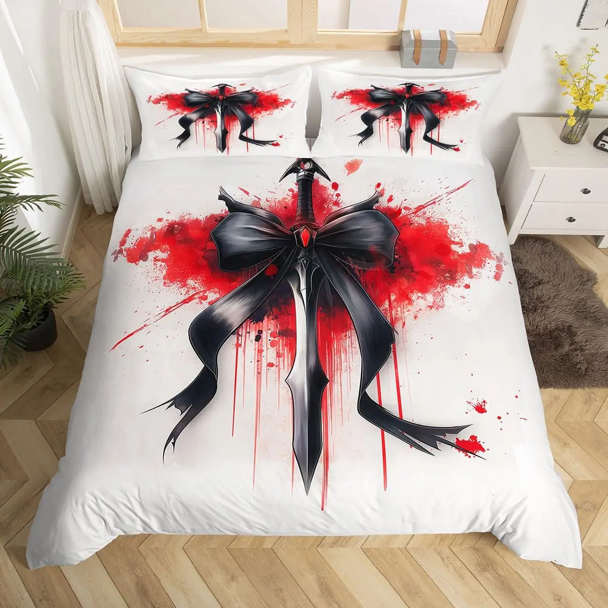 Gothic Sword Duvet Cover Queen Watercolor Red Blood Tie Dye Paint Quilt Cover Exotic Black Bowknot Halloween Theme Bedding Set