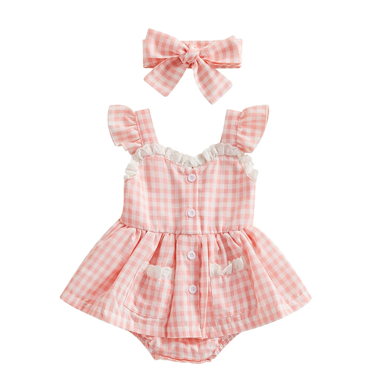 

Baby Girls Romper Set, Fly Sleeve Plaid Lace Trim A-line Dress with Headband Summer Outfit