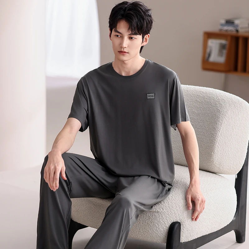 Summer Men's Sleep Lounge Pyjamas Short Sleeved Long Pants Pajamas Set Solid Color Pyjamas Male Modal Sleepwear L-4XL Fashion