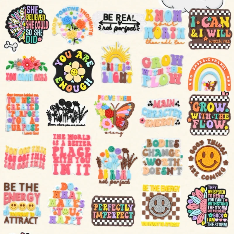 

25Pcs Slogan Shoe Charms Smile Flower Decorations for Adults Men Women Sandals Wristbands Clogs Party Accessory Gifts