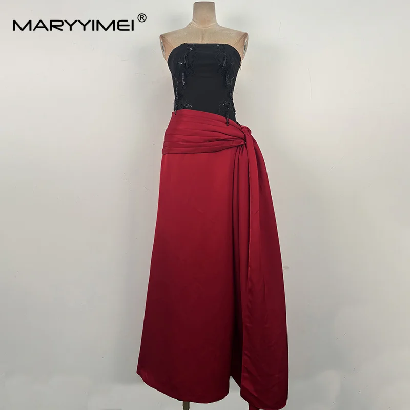 MARYYIMEI Stitched sequined contrast ceremonial dress tube top waist slit long dress 2026 summer new women's clothing