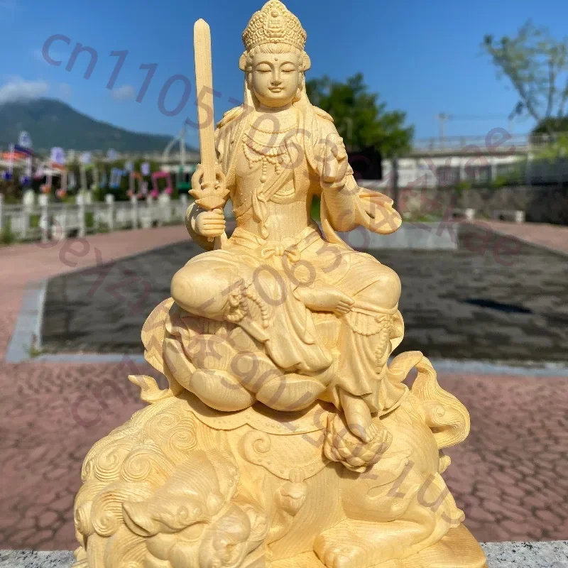 Hand-Carved Hinoki Wood Manjushri Bodhisattva Statue - 9.8