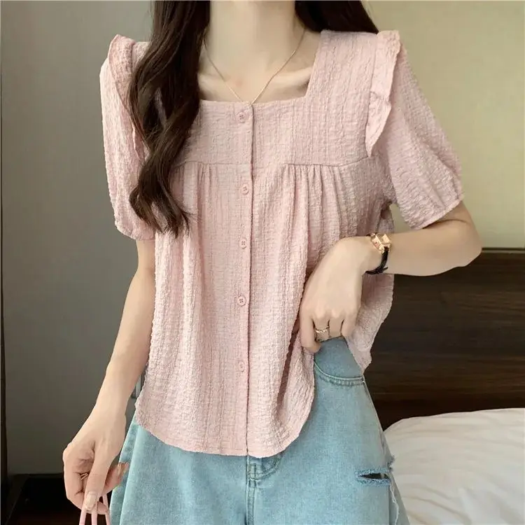 夏の韓国風フリルシャツと甘いフレンチトップ