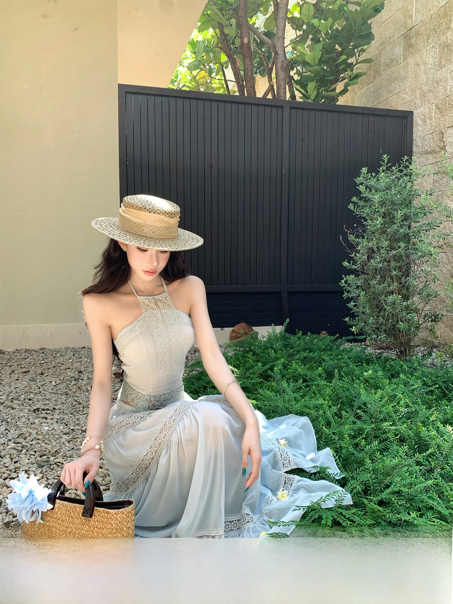 

Summer New Style Women's Fashion Set Dustdip Club Vacation Theme Off-Shoulder Chiffon Halter Neck Top And Skirt Two-Piece Suit