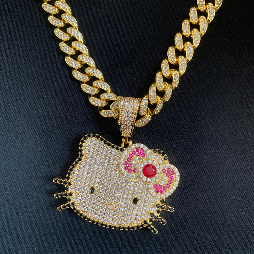 Kawaii Hello Kitty Necklace   Anime Sanrio Diamond Pendant Cuban Chain  Hip Hop Fashion Men's and Women's Jewelry  Holiday Gifts