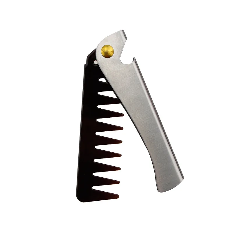 Men Retro Oil Head Comb Portable Folding Stainless Steel Comb Hairdressing Styling Round Teeth Comb Texture Modeling Steel Comb