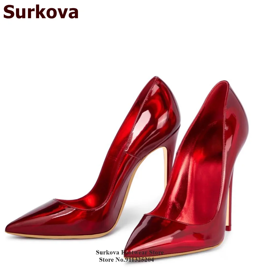 Surkova Hologram Iridescent Red Purple Patent Leather High Heel Shoes 12cm 10cm 8cm Stilettos Reflective Mirror Leather Pumps