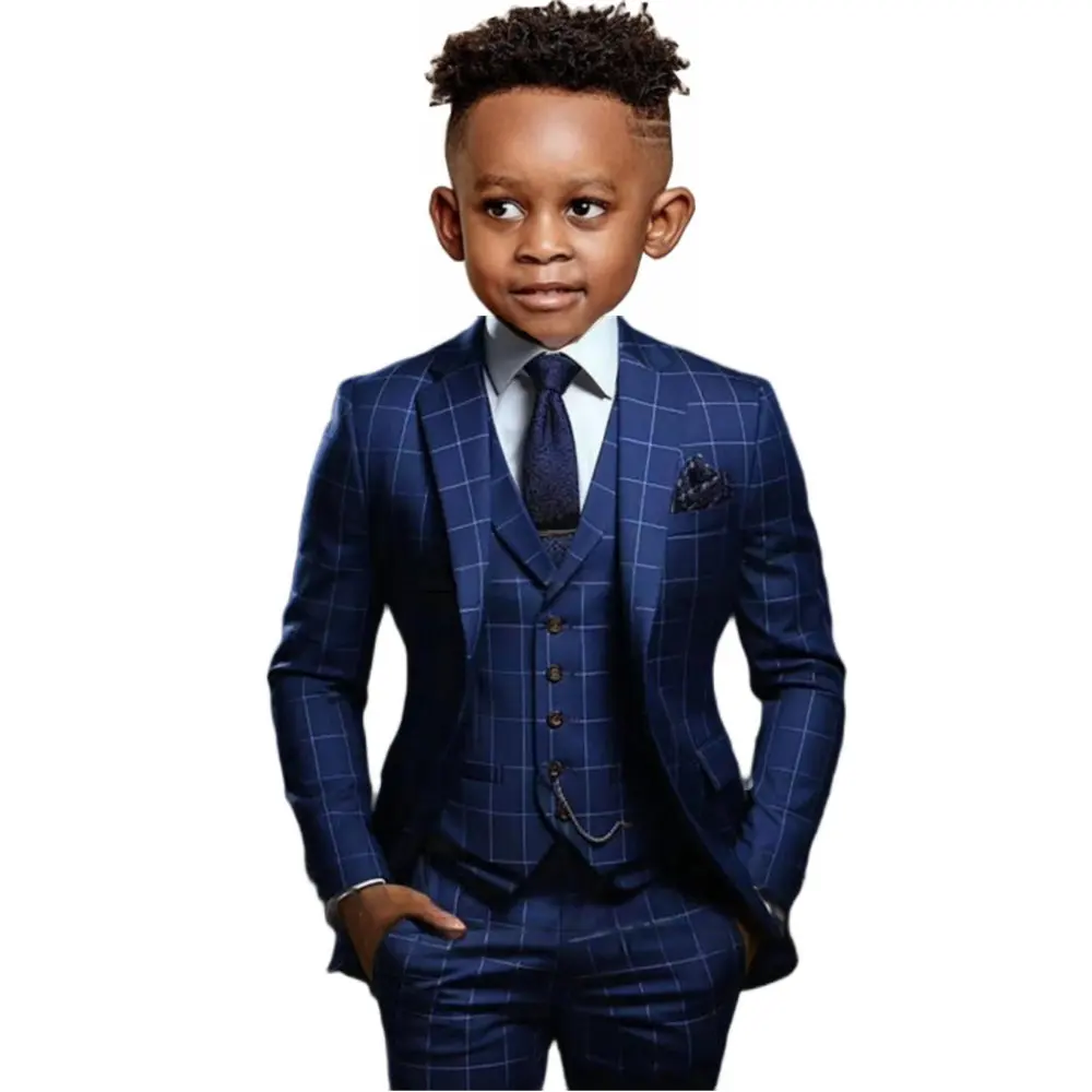 

Fashion Style Suit for Boys Wedding Tuxedo Blue Plaid Jacket Vest Pants 3 Pieces Slim Fit Kids Fashion Party Dress Child Clothes