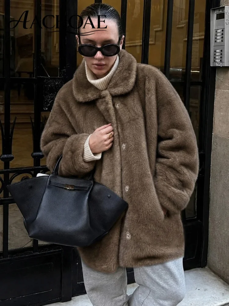AACHOAE Women Faux Fur Coat Winter Warm Plush Jacket Turn Down Collar Long Sleeve Loose Mid Length Elegant Casual Outerwear