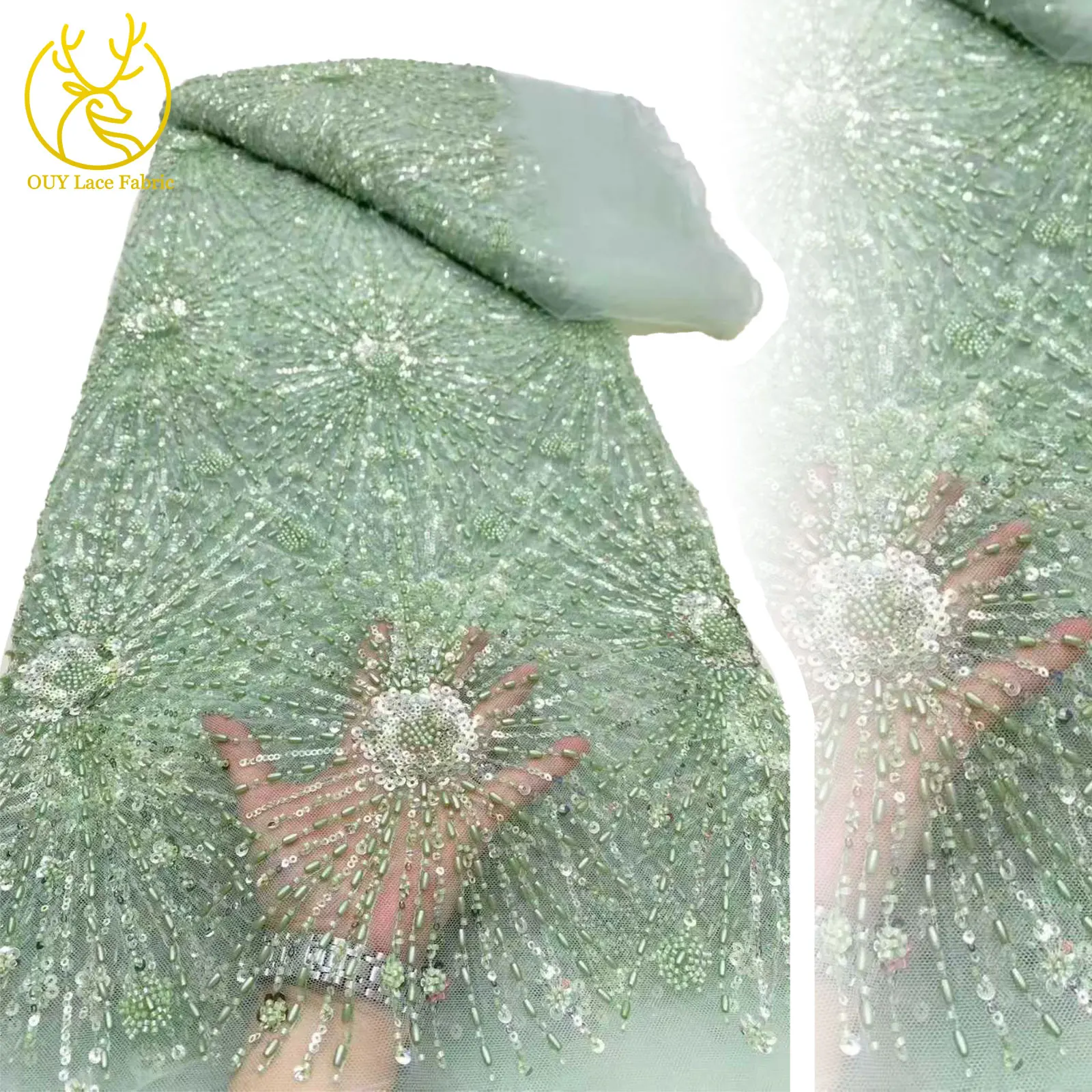 

2025 Hot Sale African Groom Beaded Lace Fabric 5 Yards Nigerian French Sequin Mesh Lace Fabric Ladies Party Dress Sewing Fabrics