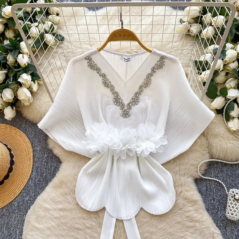 Diamonds 3D Floral Blouse Feminine Batwing Sleeves Lace Up Slim Summer Tops Office Lady Pleated Luxury Elegant Shirt view 3