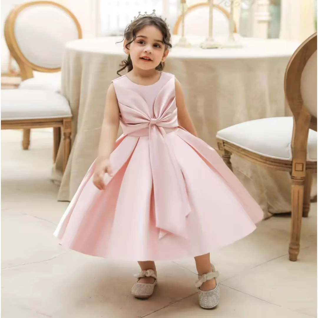 Blush Pink Satin Flower Girl Dress Sleeveless Front Big Bow Knee Length Kids Wedding Birthday Party Princess Gown for Girls