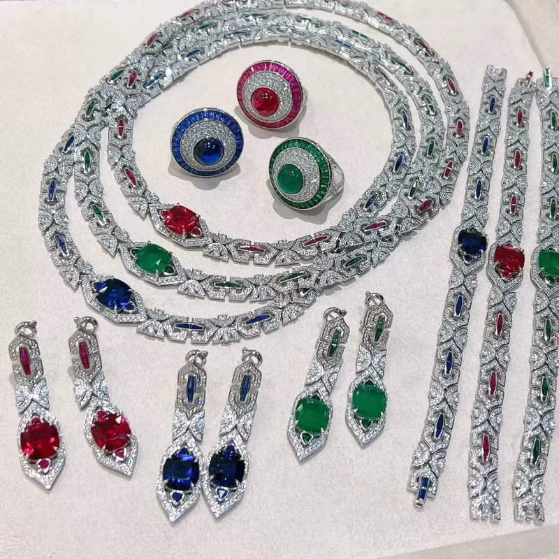 Bellux Art Deco Luxury Multi Gemstone Jewelry Set for Women Ruby Emerald Sapphire CZ  925 Silver Gold Platedl Party Gift