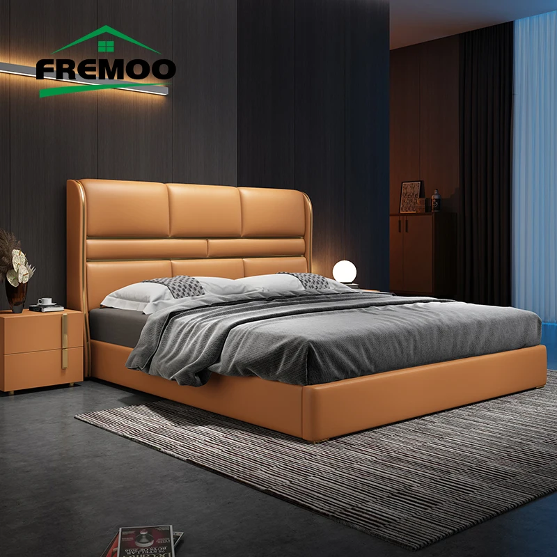 Estilo simples nórdico de madeira confortável cama doble cama de casal caixa elegante confortável quarto principal iluminado 2 personnes