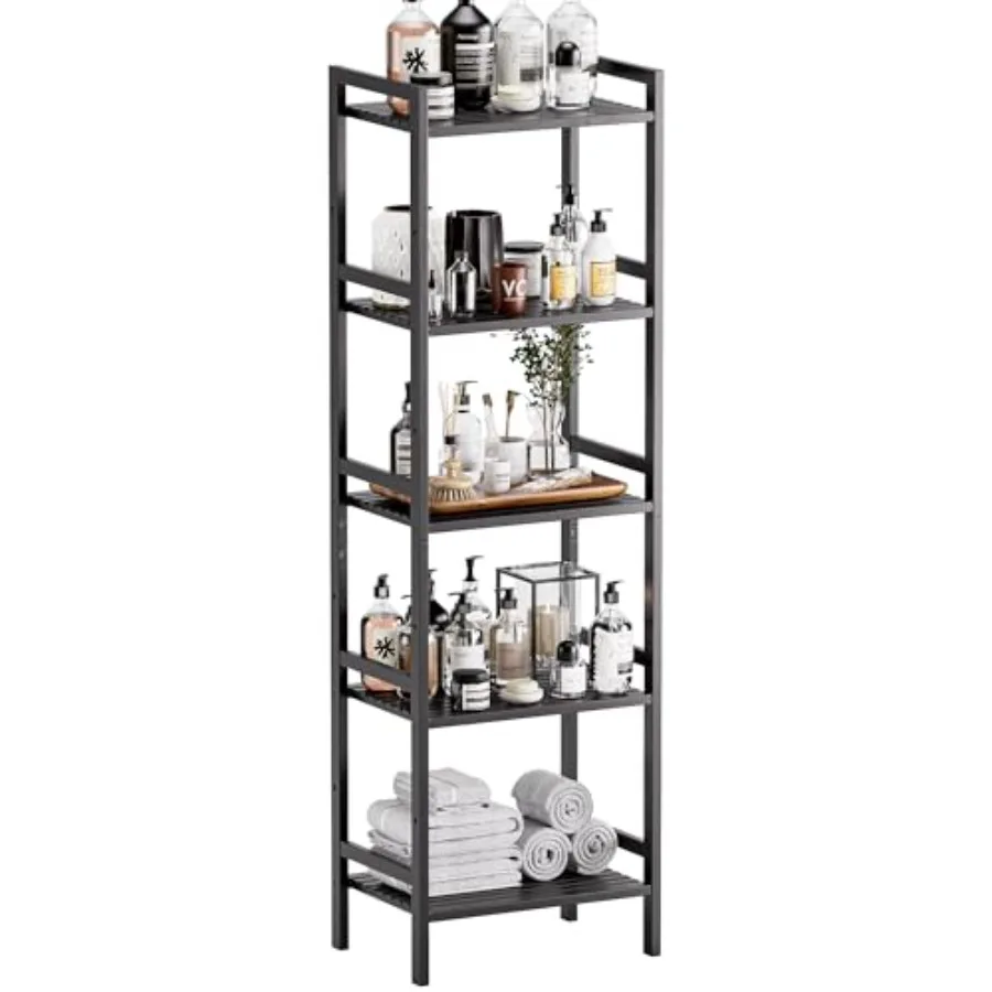 

5 Tier Narrow Bookshelf, Bamboo Bookcase, Slim Tall Storage Rack Free Standing Shelving Unit with Adjustable Shelves for Living