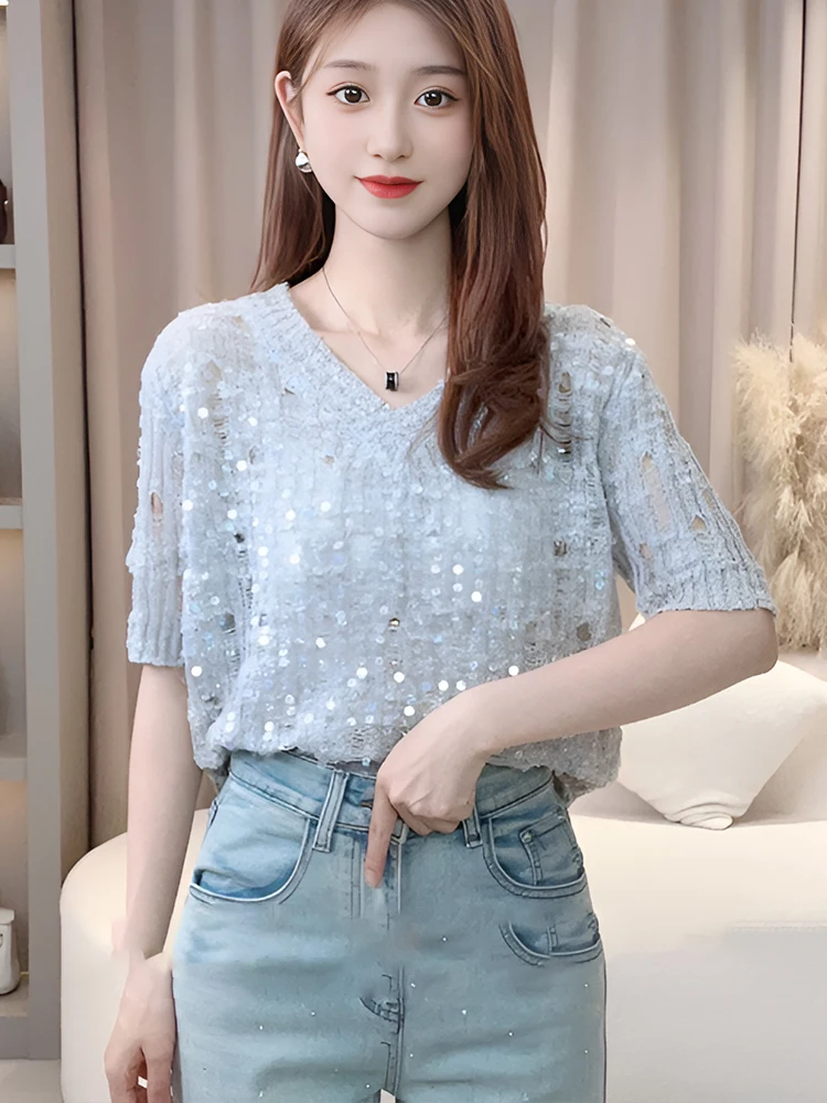 

Thin Hollow out iny Ice Silk Knitted Top Women's Loose Slimming V-Ne ort Sve Summer New Arrival Korean Sle