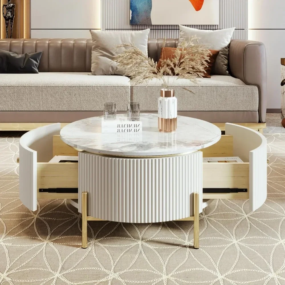 Coffee Table with Drawers Round Drum with Golden Legs Circular Center Tables with Marble Pattern Top, Coffee Table