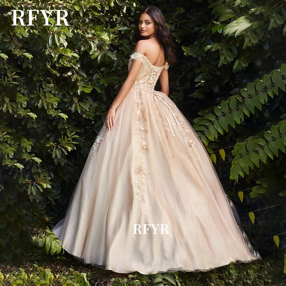 RFYR Off Shoulder Party Dress Fluffy Quinceanera Dress with Applique Lace Up Back Pricess Gowns vestidos de fiesta Customized