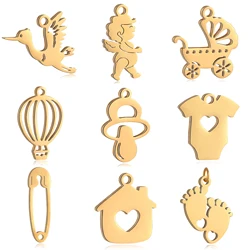 5Pc Baby Charm Nipple/Angel/Love Heart House/Stroller Charms Stainless Steel Birth Christening Shower Pendant DIY Jewelry Making