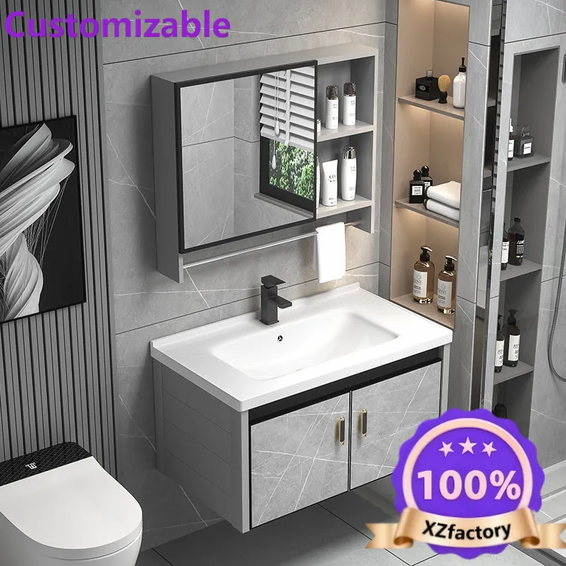 Factory Direct 2026 Light luxury rock slab space aluminum alloy bathroom cabinet combination small apartment bathroom washbasin