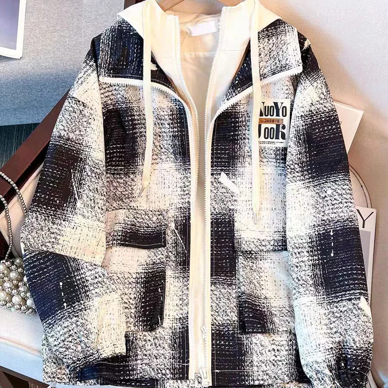 

Новинка 2025 года, клетчатая куртка, пальто, женская модная повседневная куртка из двух предметов, женская клетчатая верхняя одежда, куртка с капюшоном