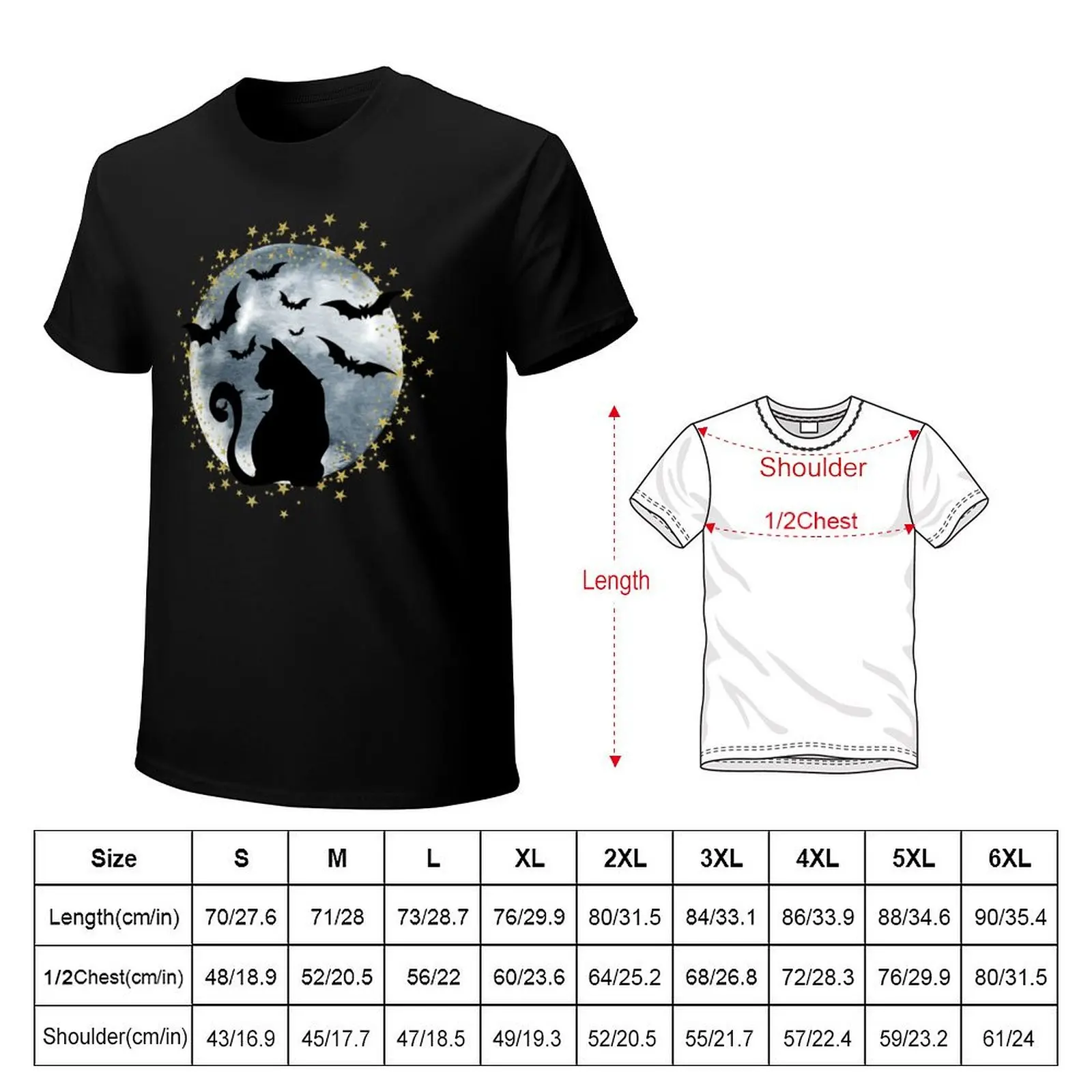 Stunning Black Cat and Bats against the Full Moon with Golden Stars graphic T-Shirt t shirts for man cotton soft T-Shirt