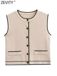 Zevity 2024 Women O Neck Sleeveless Contrast Color Knitting Vest Jacket Lady Buttons Short WaistCoat Crop Tops CT7105