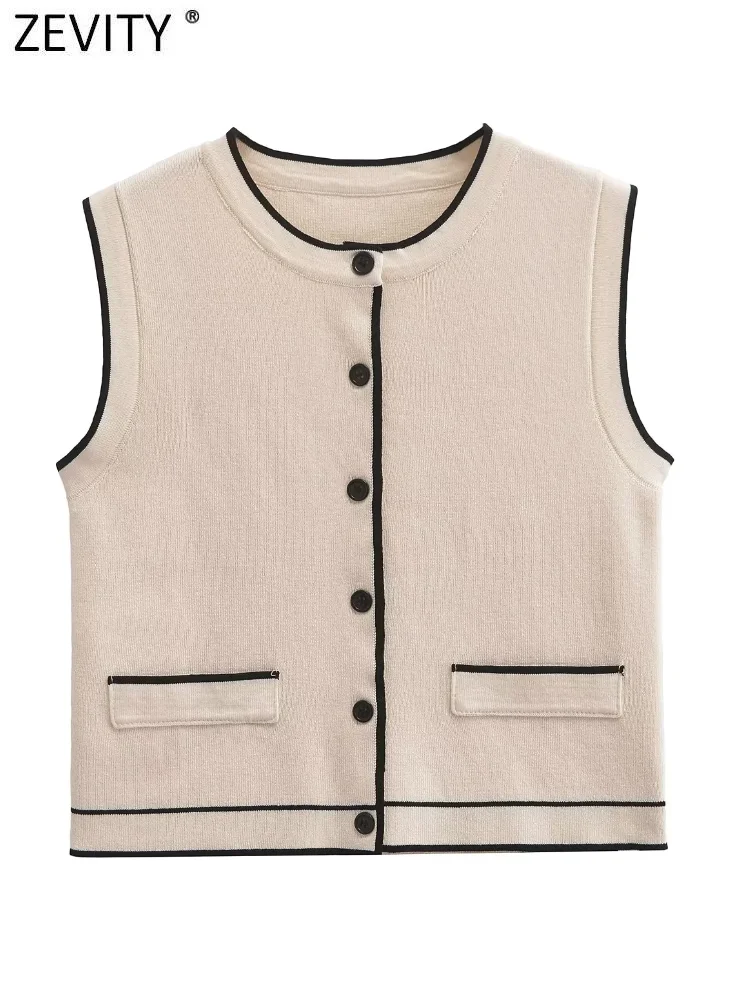 Zevity 2024 Women O Neck Sleeveless Contrast Color Knitting Vest Jacket Lady Buttons Short WaistCoat Crop Tops CT7105