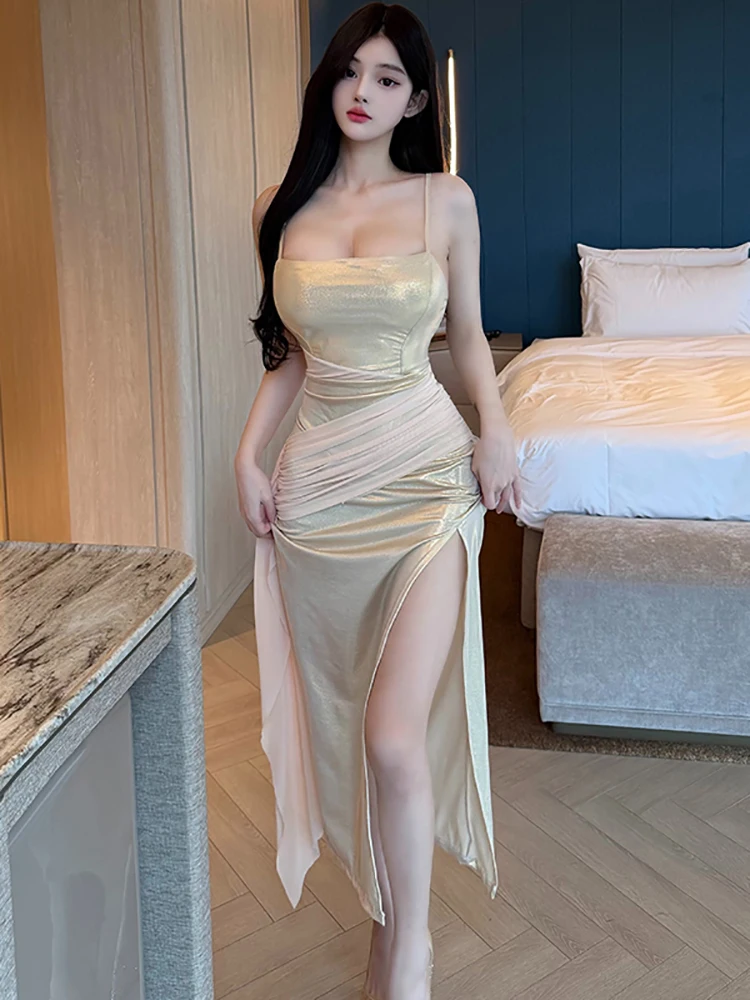 

Women Korean Vintage Luxury Party Vestidos Summer Fashion Patchwork Mesh Chic Sling Dress 2026 Elegant Bodycon Festival Vestidos