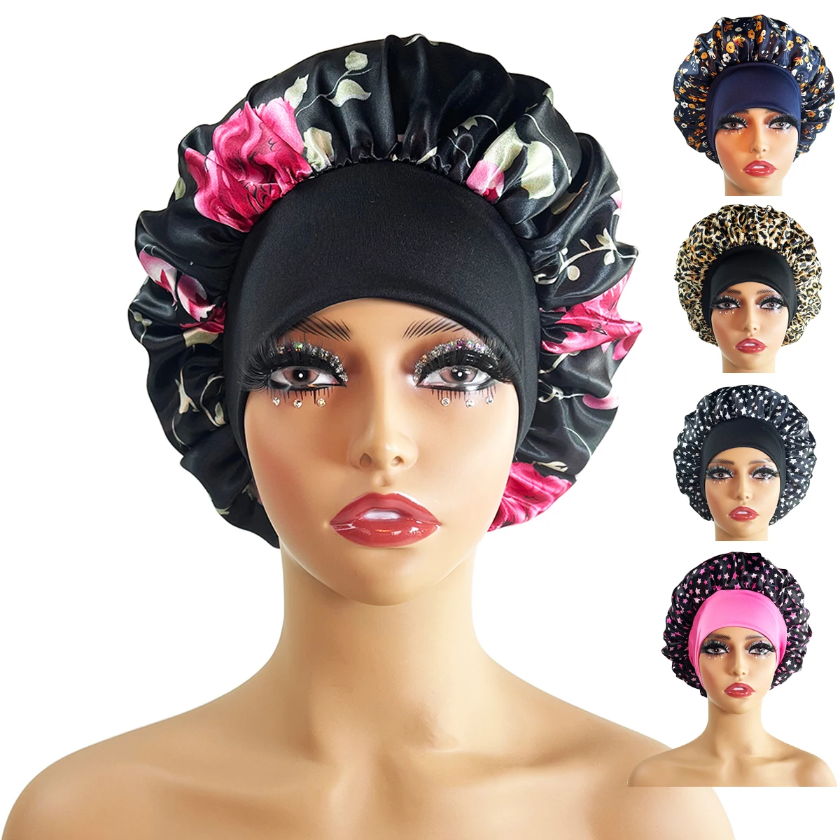 Super Gi-Ant Sleep Cap Silk Hair Bonnet Cheveux Nuit Bonnets Hat Head Cover Satin Wide Band Adjust For Sleeping