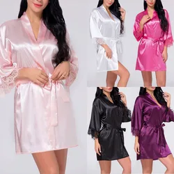 Women Robes Sexy Lace Satin Lingerie Ultra-thin Translucent Nightdress Silky Smooth Nightwear Solid Mini Dress Breath Sleepwear