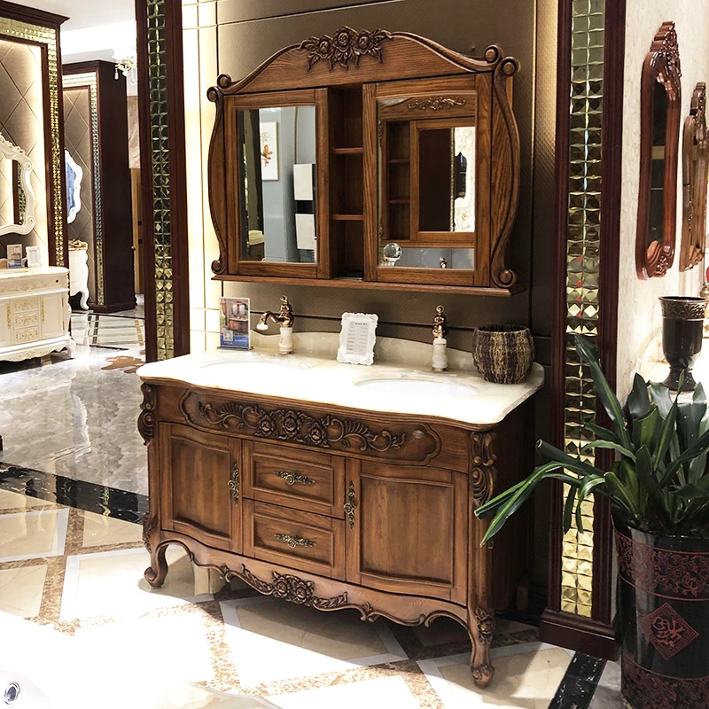 

European Red Oak bathroom cabinet oak washbasin combination antique washstand double basin integrated bathroom cabinet washbasin