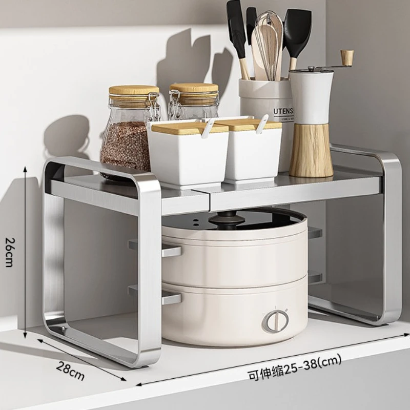Stainless Steel Kitchen Rack, Expandable Cabinet Shelf Organizer, Adjustable Pot Pan Holder, Multi-tier Countertop Storage Stand