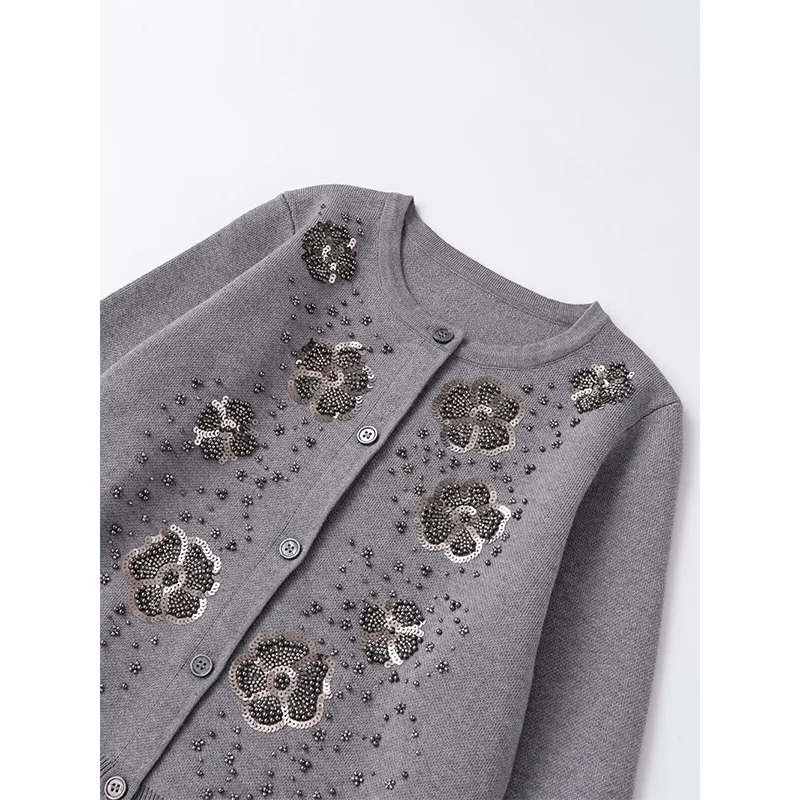 2026 Fashion Front Sequins And Beads Gray Knit Cardigan For Women Single Breasted O Neck Casual Short Outerwear