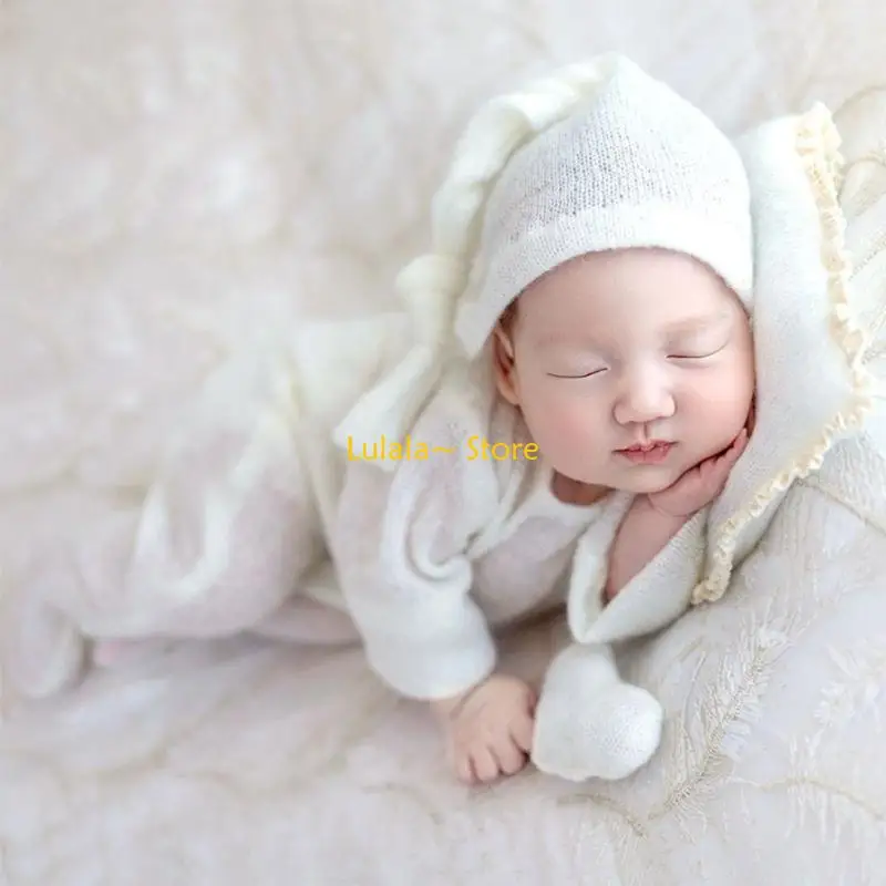 Y4QA Baby Photo Hat Footed Jumpsuits Knitting Bodysuit Newborn Photography Furniture view 3