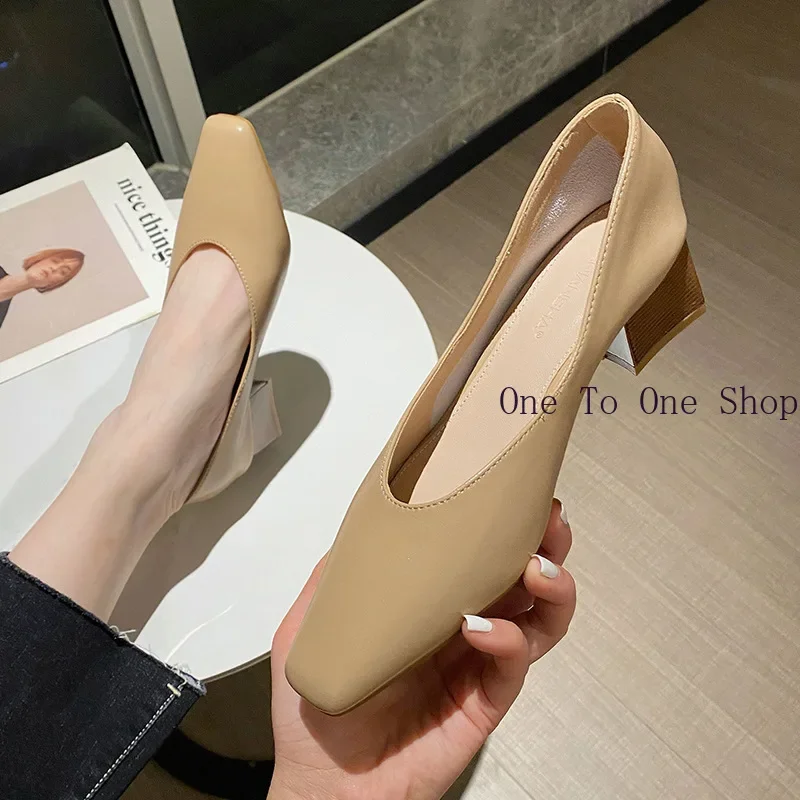 Elegant Mid Heel Women's Shoes 2024 New Thick Heel Single Shoes Women's Soft Leather Autumn Non Tiring Shoes Square Toe