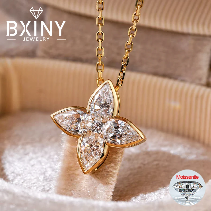 

BXINY Bezel Set All Moissanite Necklace Lucky Clover Pendant S925 Silver Pear Cut Lab Diamond for Women Wedding Jewelry Gift GRA