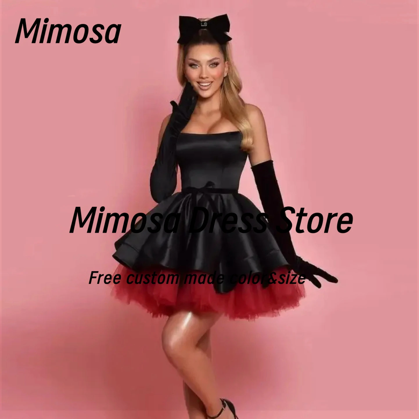

Mimosa Contrast Color Prom Dresses Strapless Ruched Satin Tulle Homecoming Dress Mini Princess Graduation Party Gowns Customized
