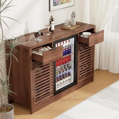 Coffee Bar Cabinet with Fridge Space & Power Outlets, Fluted Home Bar Cabinet with Wine Rack & Glass Holder, Mini image 6