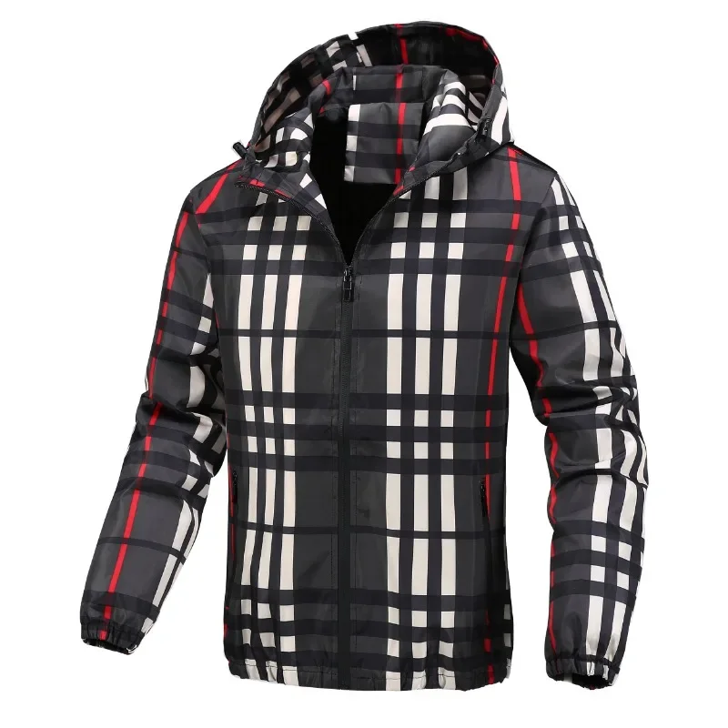 

Men's Hooded Grid Plaid Versatile Checkered Design Jacket Thin Casual Wear Regular Length Outerwear Spring and Autumn