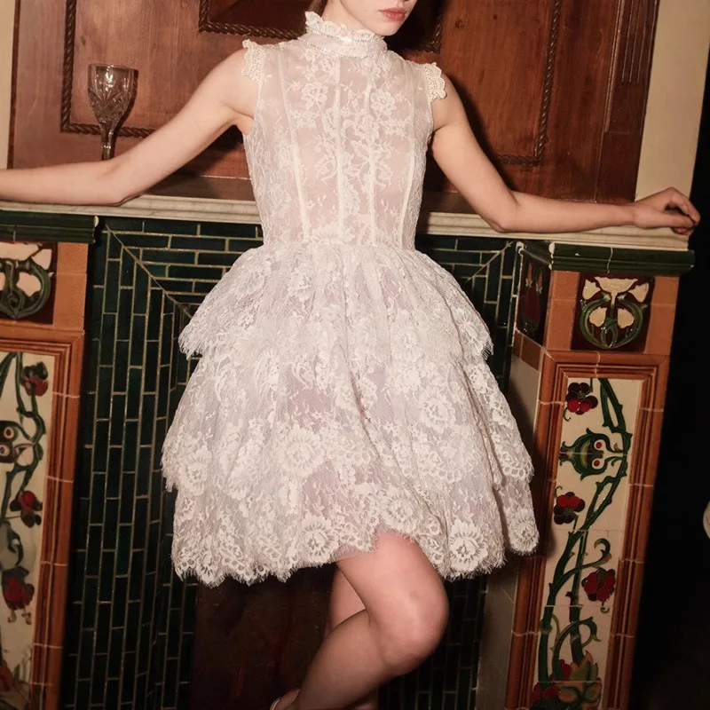 HKSH ฤดูร้อนใหม่ผู้หญิง Chic ภาษาฝรั่งเศสคํา Elegant Graceful Sweet Original Design Handmade ลูกไม้ชุด Layered ชุด HK6311