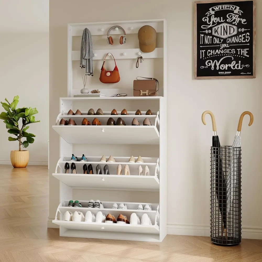 

Tall Shoe Cabinet with 3 Flip Drawers, Farmhouse Hidden Shoe Storage Cabinet with Rack, Slim Narrow Freestanding, Customized