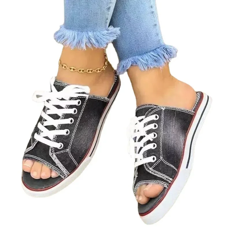 Ladies Slippers Canvas Lace-up Open-toed New Flat-Bottom Casual Women Fashion Denim Beach Shoes 35-43