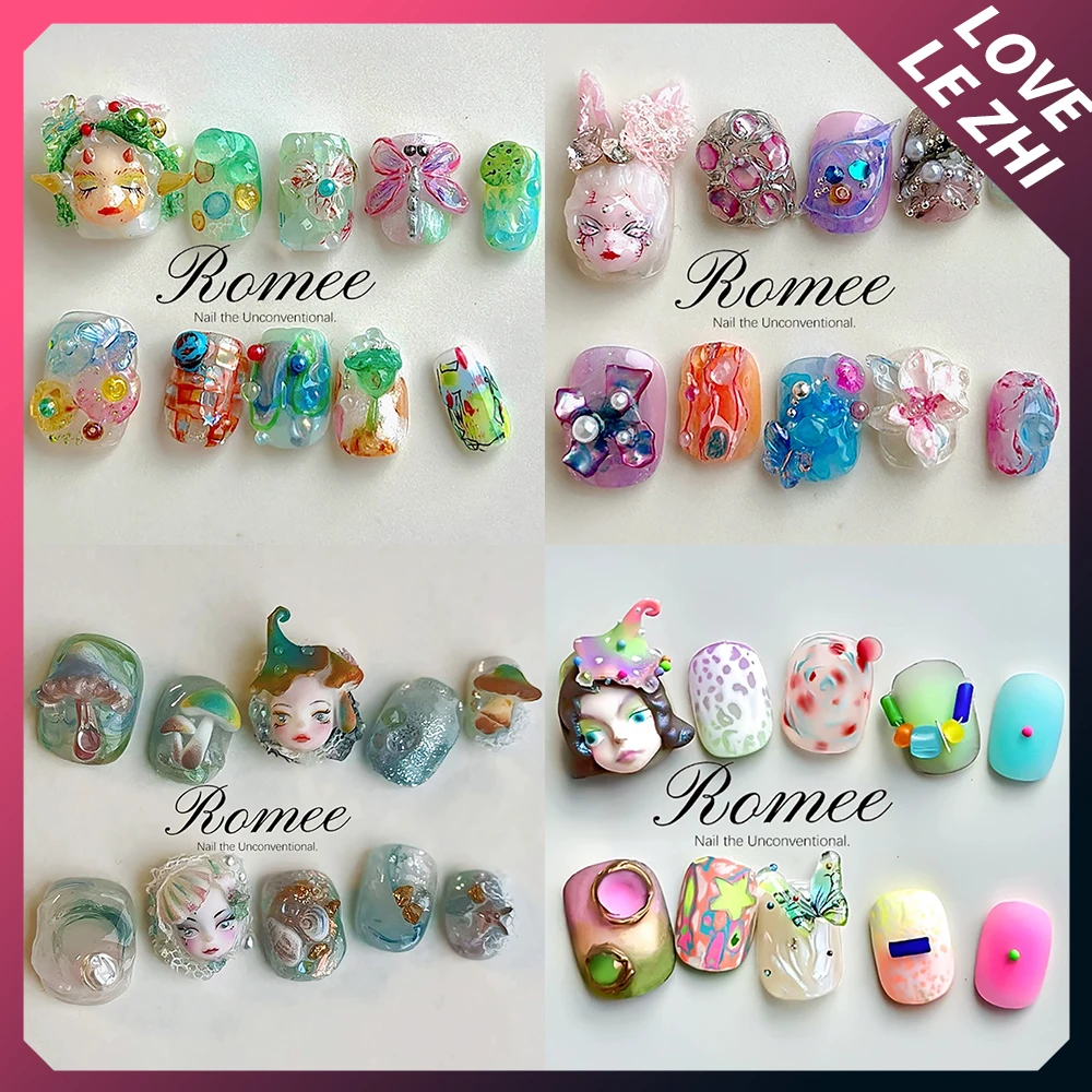 

10Pcs Colorful Dopamine Short Square Round Nail Party Sticker Elf Mushroom Butterfly Cat Flowers Wearable Press On Nail Gift
