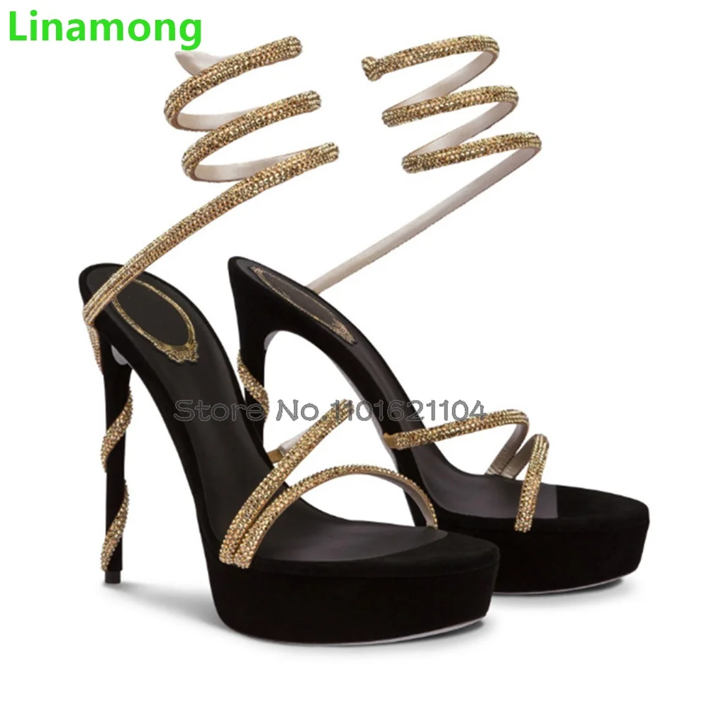 

Ankle Twine Strap Platform Sandals For Female Women 2024 New Round Toe Thin High Heel Luxury Crystal Design Summer Fashion Shoes