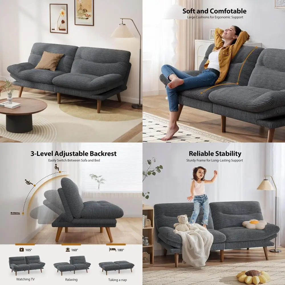 Convertible Futon Sofa Bed with Corduroy Upholstery, Adjustable Backrest and Armrests, Reclining Sleeper for Small Spaces