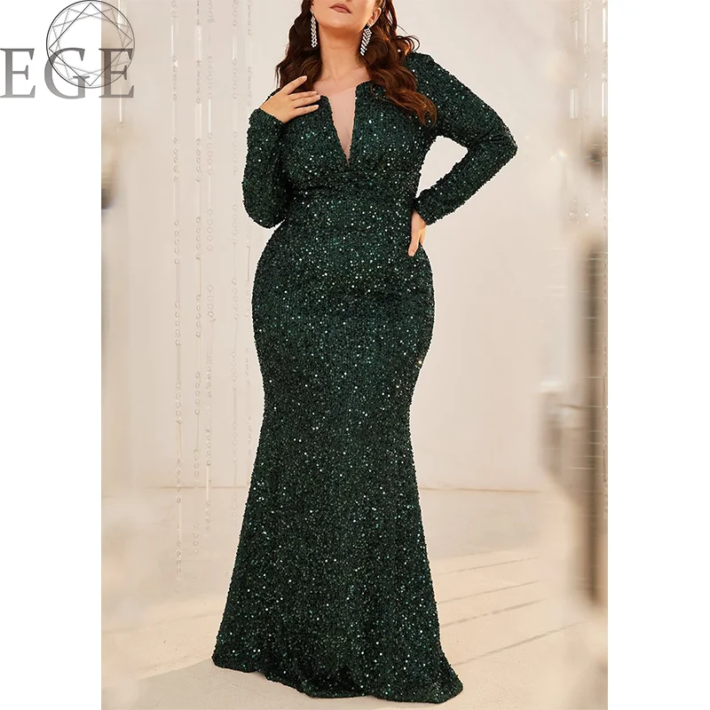 Plus Size Sequins V Neck Long Sleeves Luxury 4XL 5XL Maxi Dress Wedding Banquet Party Mermaid Ladies Plus Size Dresses 2024